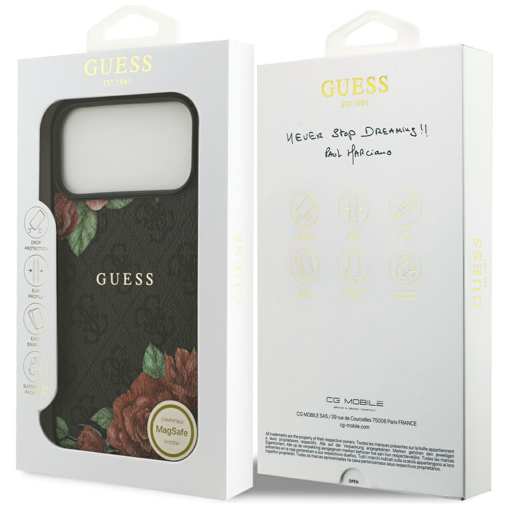 Coque MagSafe pour Apple iPhone 17 Pro, Guess, Imprimé Fleurs 4G, Noire