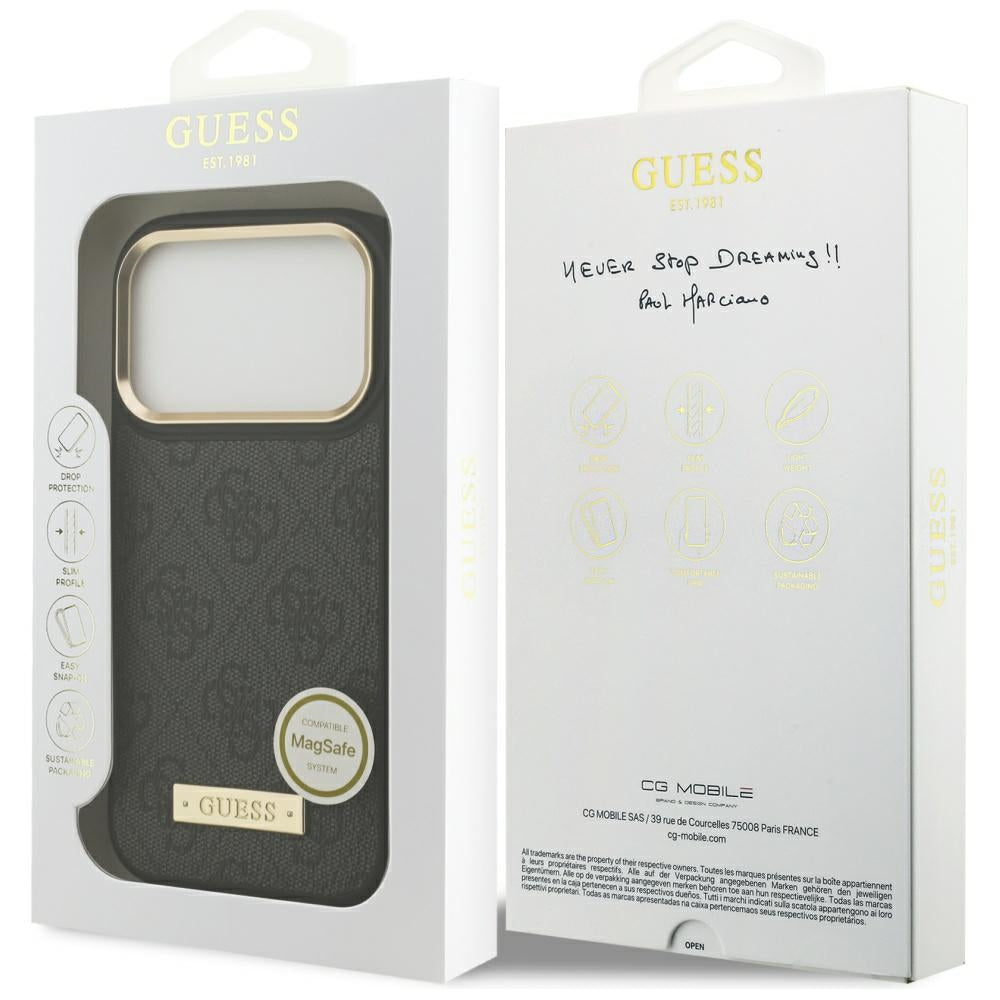 Coque MagSafe pour Apple iPhone 17 Pro, Guess, Plaque Logo 4G, Noire