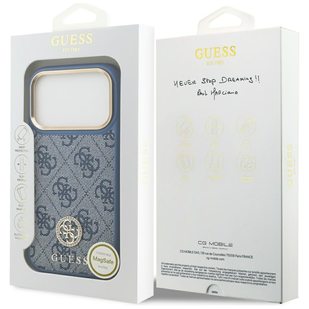 Étui MagSafe pour Apple iPhone 17 Pro, Guess, Logo Strass 4G, Bleu