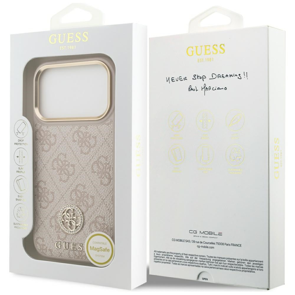 Coque MagSafe pour Apple iPhone 17 Pro, Guess, Logo Strass 4G, Rose.