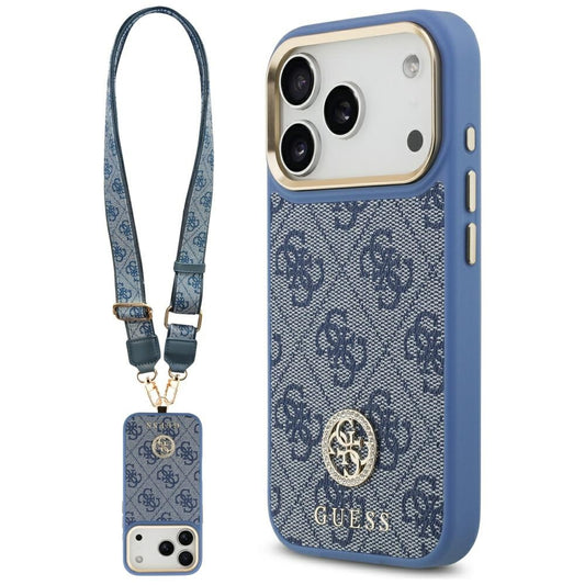 MagSafe hoesje voor Apple iPhone 17 Pro, Guess, 4G Strass Logo met Grote Band, Blauw