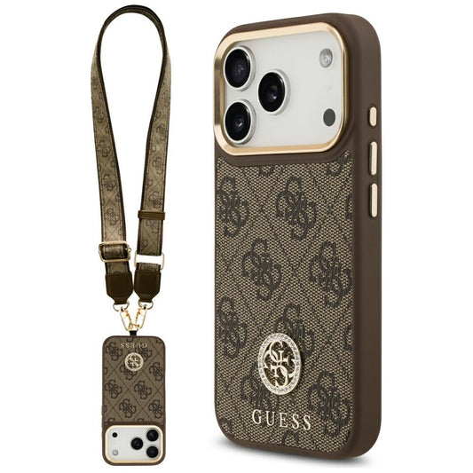 MagSafe hoesje voor Apple iPhone 17 Pro, Guess, 4G Strass Logo met Grote Band, Bruin