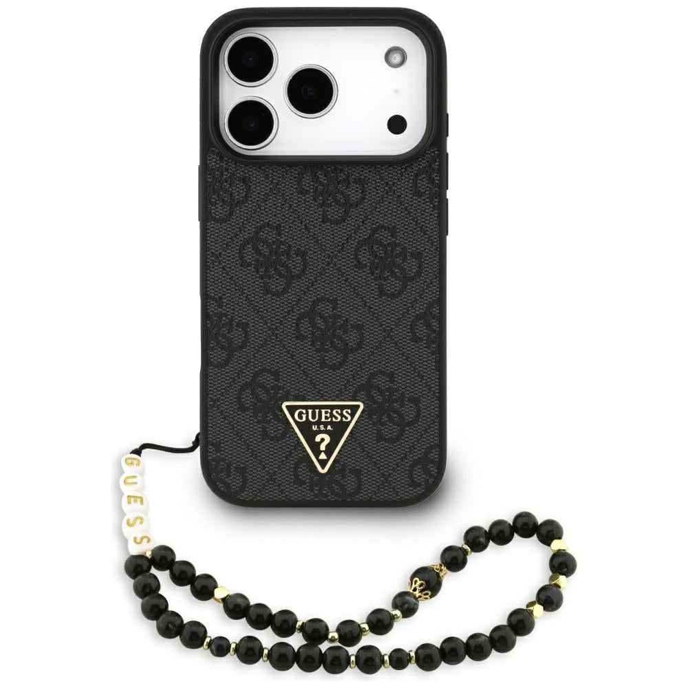 MagSafe hoesje voor Apple iPhone 17 Pro, Guess, 4G Triangle Logo met koordriem, Zwart