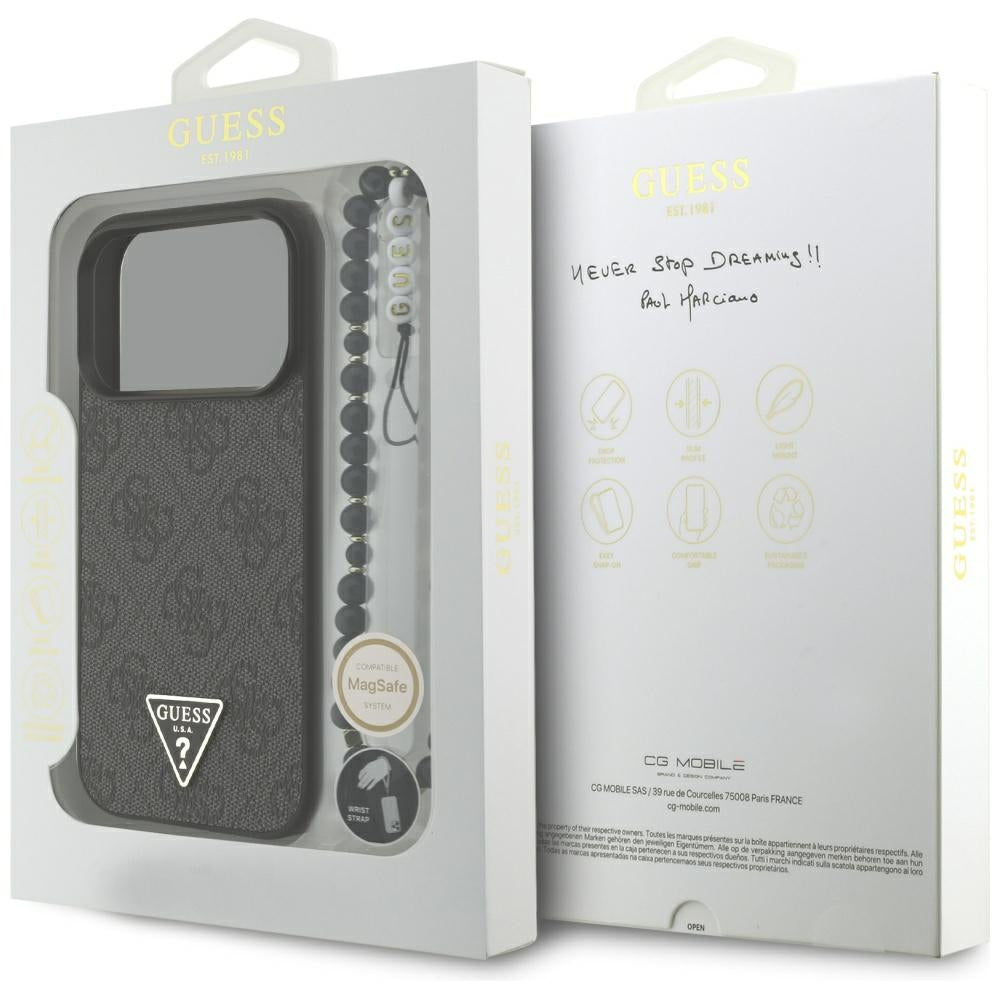 MagSafe hoesje voor Apple iPhone 17 Pro, Guess, 4G Triangle Logo met koordriem, Zwart