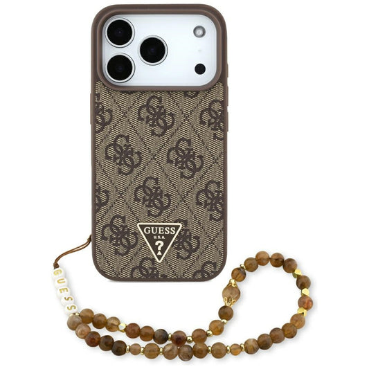 Étui MagSafe pour Apple iPhone 17 Pro, Guess, logo Triangle 4G avec lanière de perles, Marron