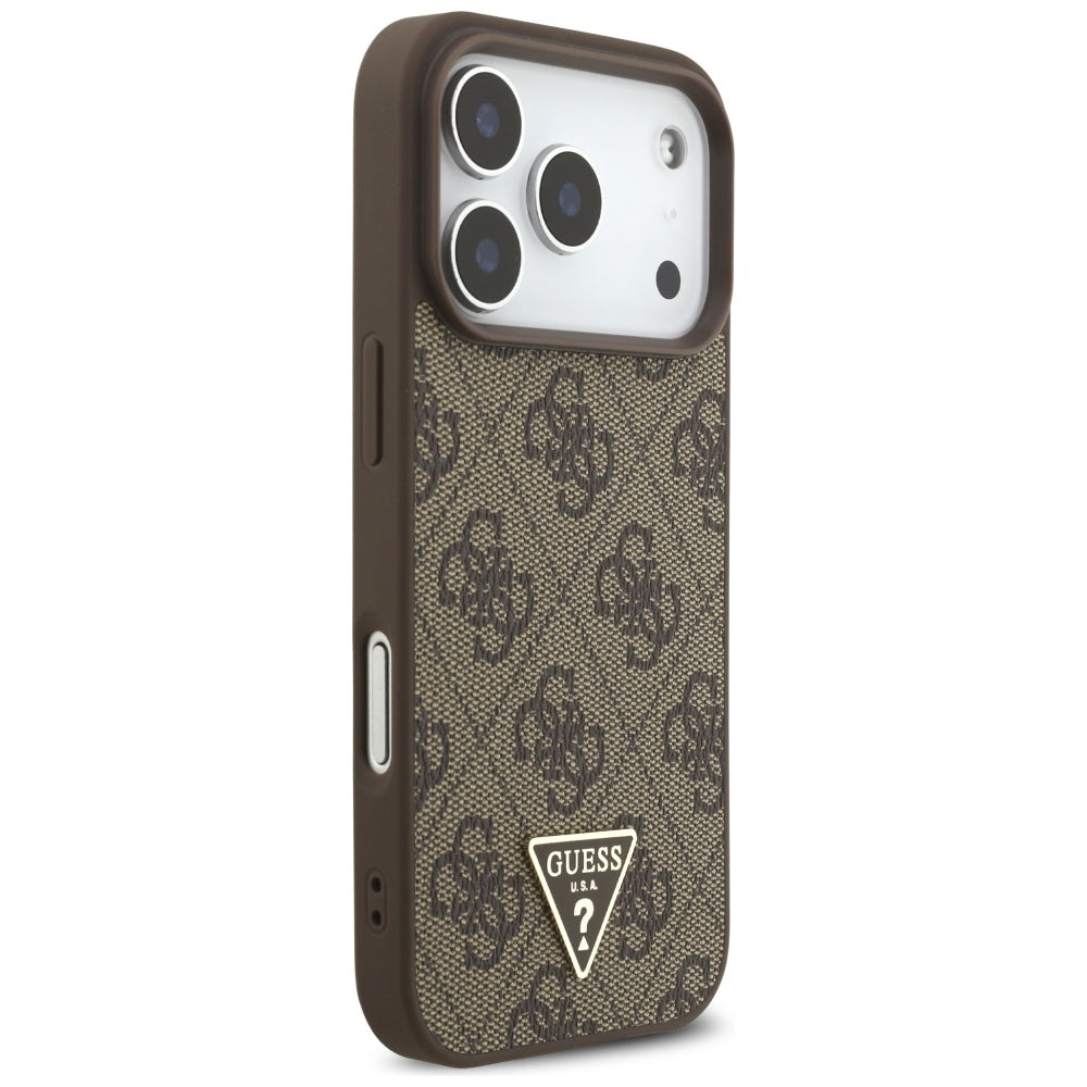 MagSafe Hülle für Apple iPhone 17 Pro, Guess, 4G Triangle Logo mit Perlenriemen, Braun