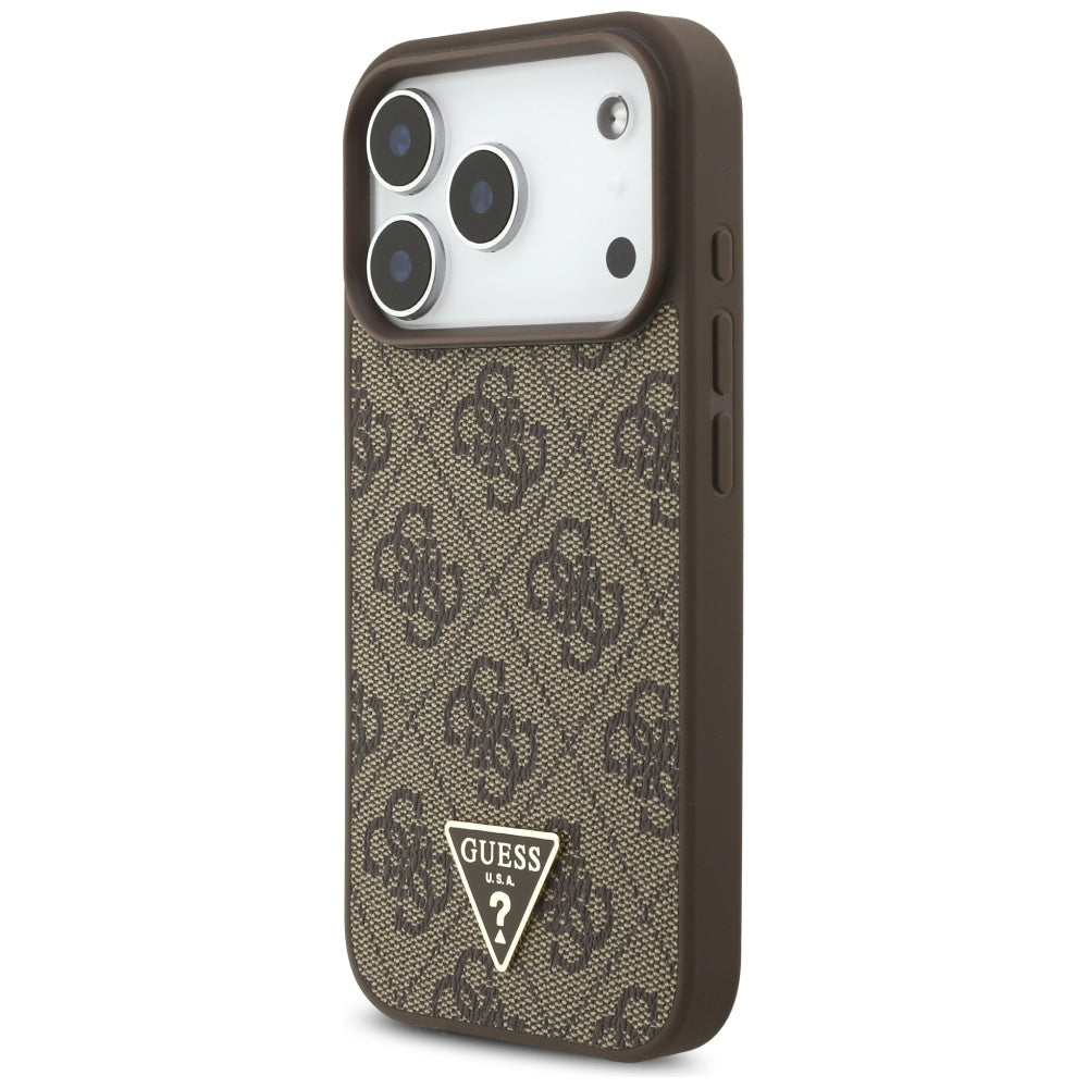 MagSafe Hülle für Apple iPhone 17 Pro, Guess, 4G Triangle Logo mit Perlenriemen, Braun