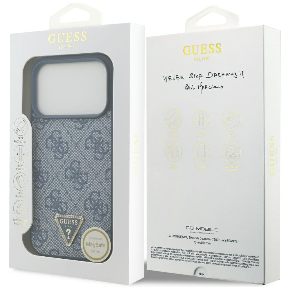 MagSafe Case for Apple iPhone 17 Pro, Guess, 4G Triangle Strass, Blue