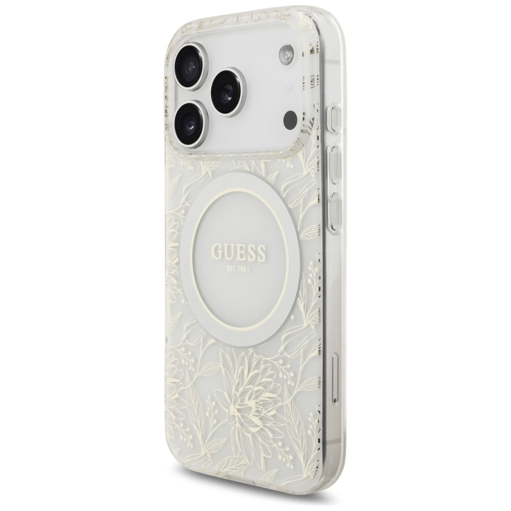 MagSafe hoesje voor Apple iPhone 17 Pro, Guess, IML Flowers Allover Electroplated with Pearl Strap, Wit