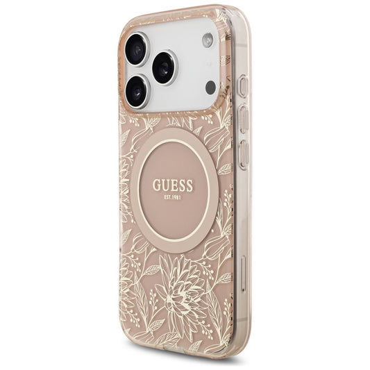 MagSafe hoesje voor Apple iPhone 17 Pro, Guess, IML Flowers Allover Electroplated with Pearl Strap, Roze