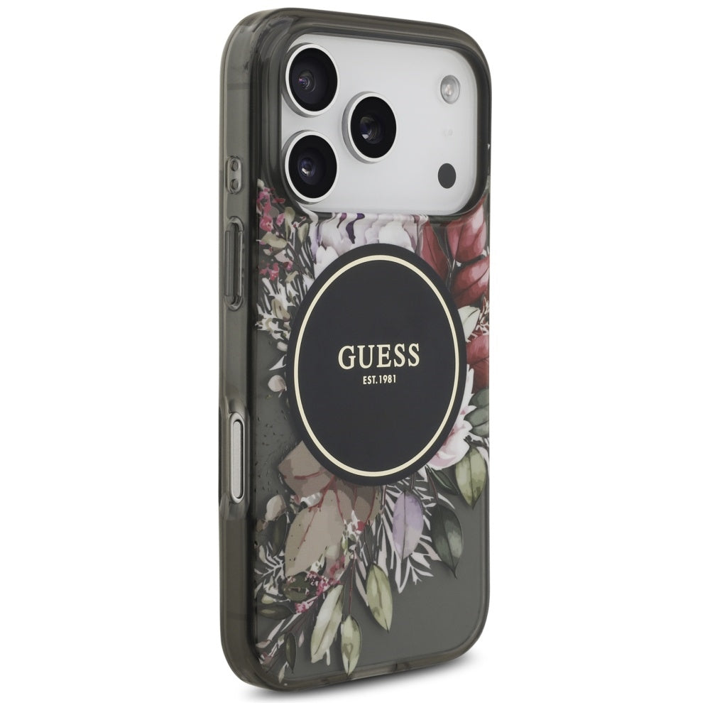 MagSafe hoesje voor Apple iPhone 17 Pro, Guess, IML Flowers with Pearl Strap, Zwart