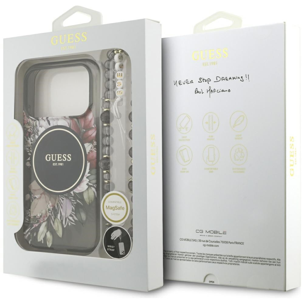 MagSafe hoesje voor Apple iPhone 17 Pro, Guess, IML Flowers with Pearl Strap, Zwart