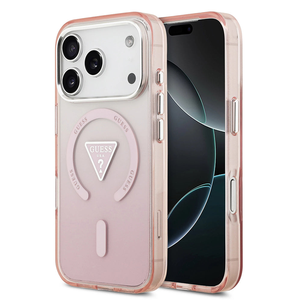 Coque MagSafe pour Apple iPhone 17 Pro, Guess, logo triangle dégradé IML, Rose