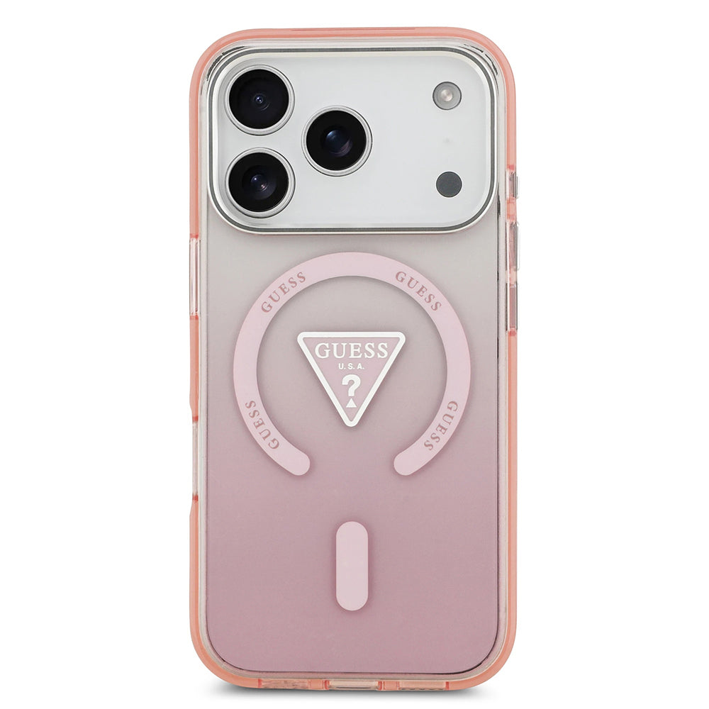 Coque MagSafe pour Apple iPhone 17 Pro, Guess, logo triangle dégradé IML, Rose