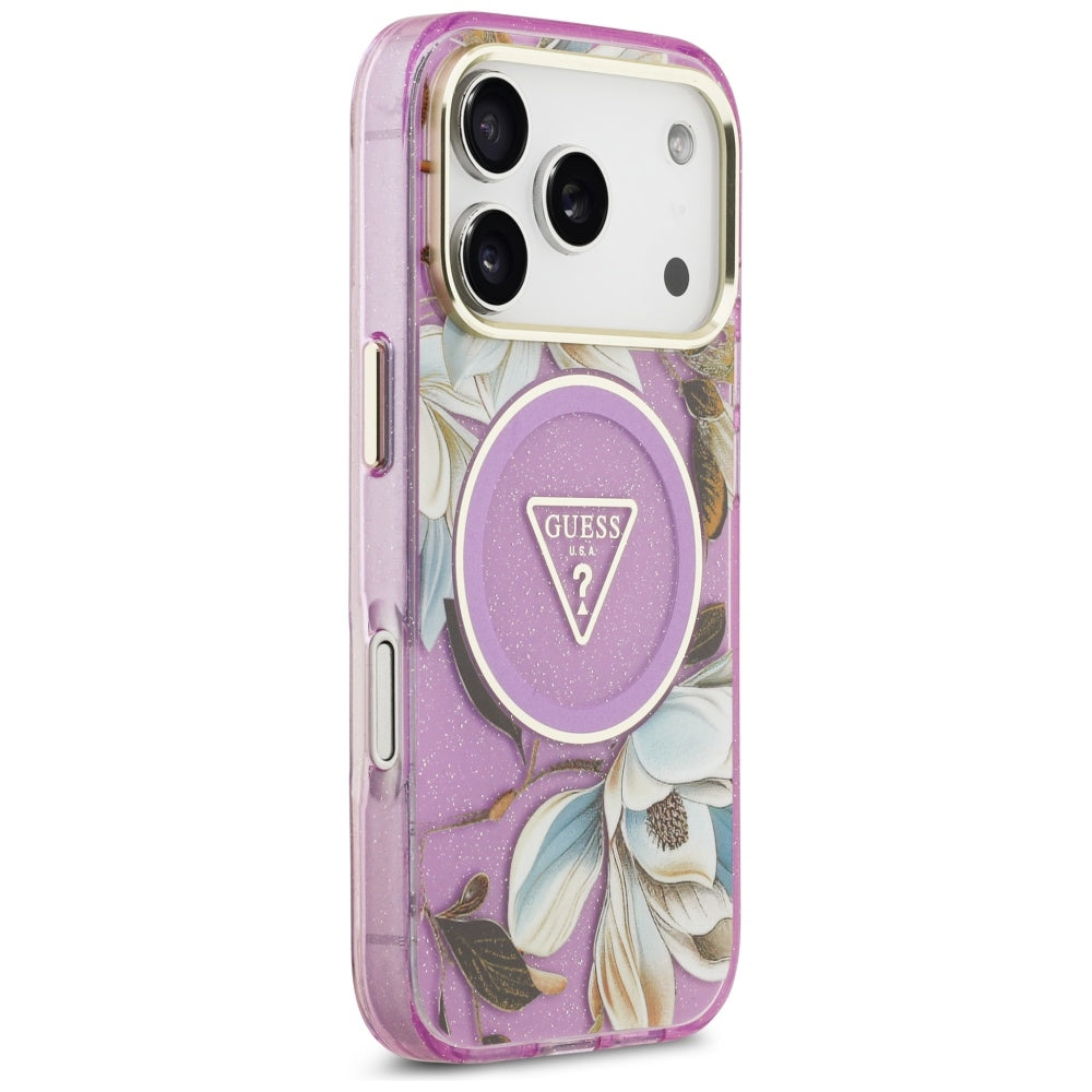 MagSafe hoesje voor Apple iPhone 17 Pro, Guess, IML Metal Glitter Flowers Triangle, Paars