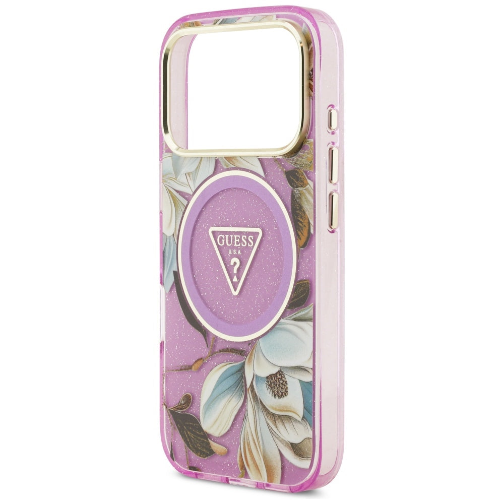 MagSafe hoesje voor Apple iPhone 17 Pro, Guess, IML Metal Glitter Flowers Triangle, Paars
