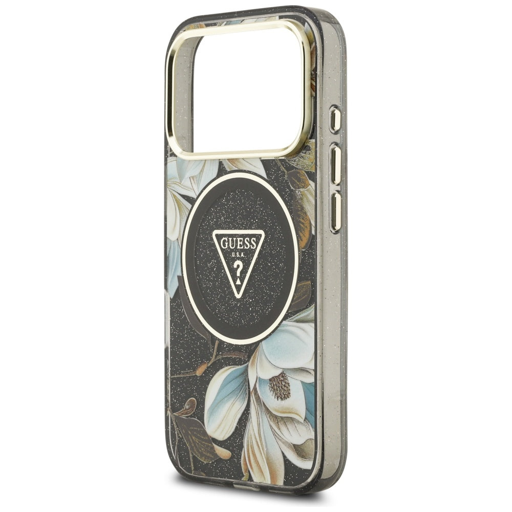 MagSafe hoes voor Apple iPhone 17 Pro, Guess, IML Metal Glitter Flowers Triangle, Zwart