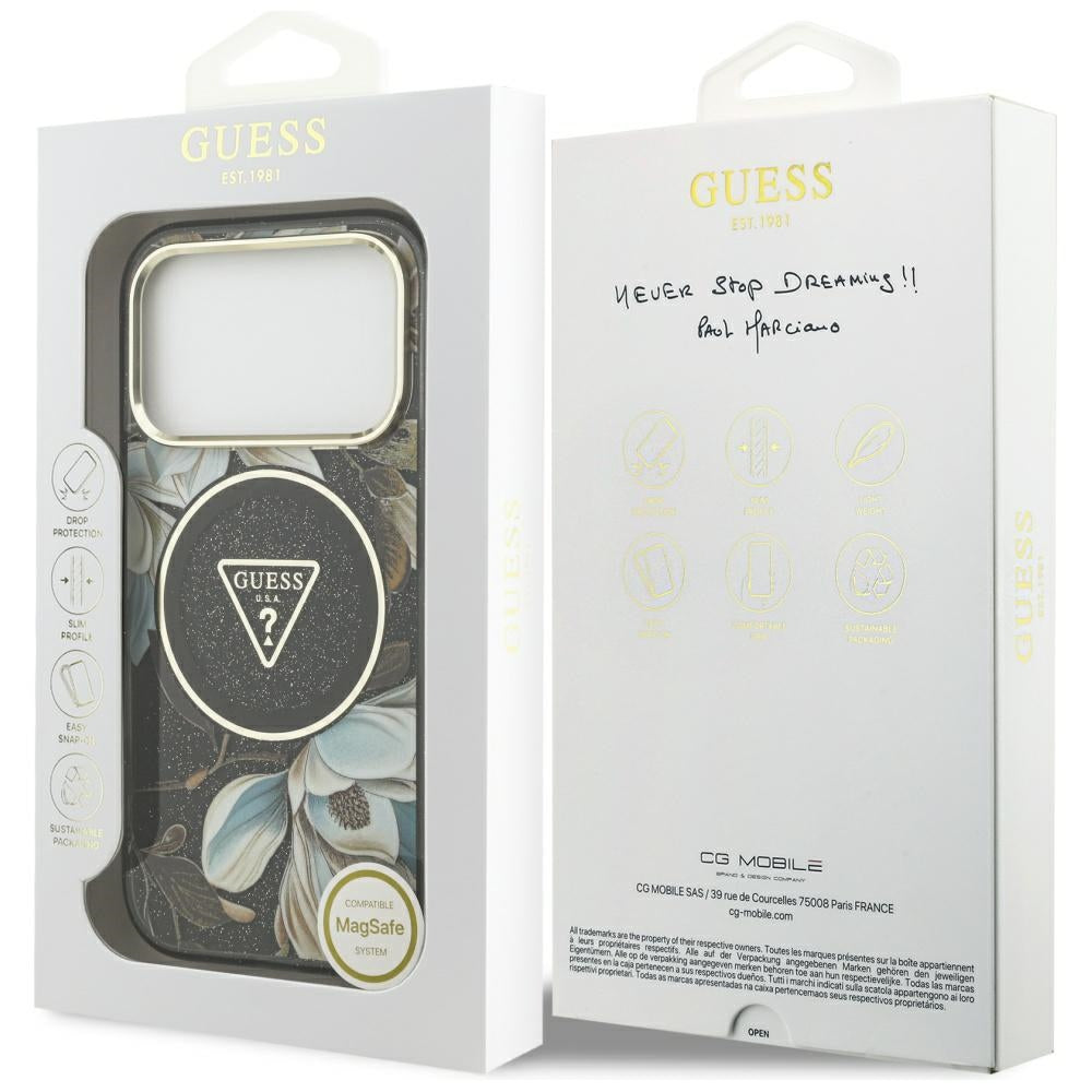 MagSafe hoes voor Apple iPhone 17 Pro, Guess, IML Metal Glitter Flowers Triangle, Zwart