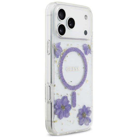 MagSafe hoesje voor Apple iPhone 17 Pro, Guess, Resin Flowers and Glitter, Paars