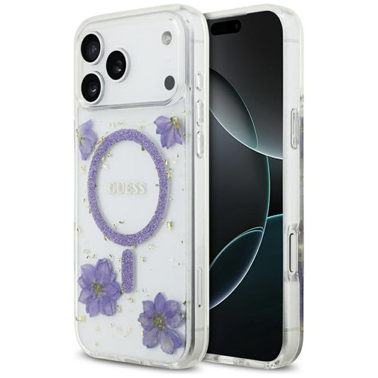 MagSafe hoesje voor Apple iPhone 17 Pro, Guess, Resin Flowers and Glitter, Paars