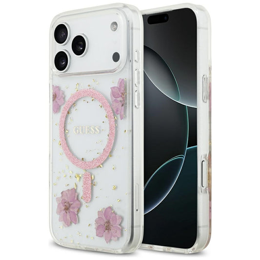 MagSafe hoesje voor Apple iPhone 17 Pro, Guess, Resin Flowers and Glitter, Roze