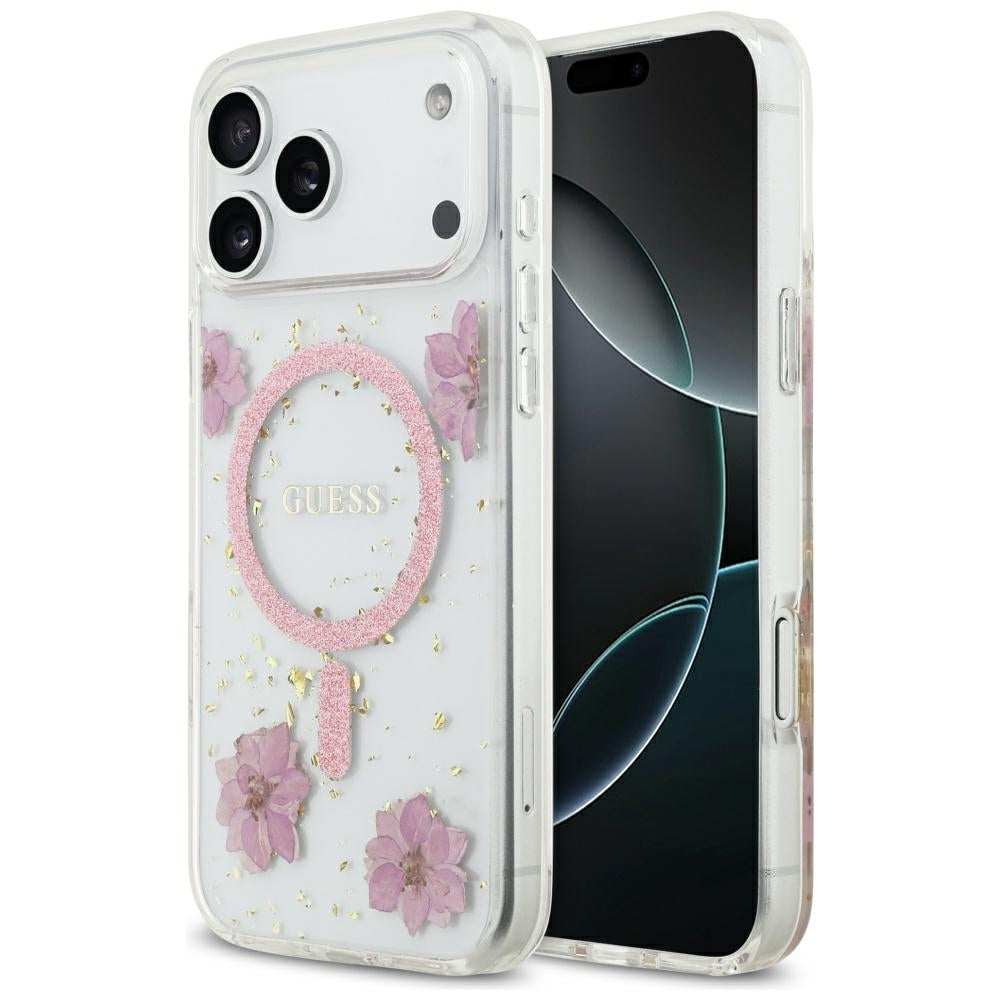 Coque MagSafe pour Apple iPhone 17 Pro, Guess, Fleurs en Résine et Paillettes, Rose