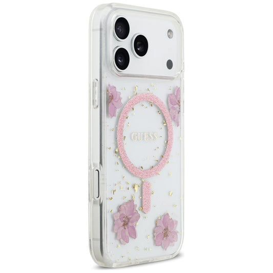 MagSafe hoesje voor Apple iPhone 17 Pro, Guess, Resin Flowers and Glitter, Roze
