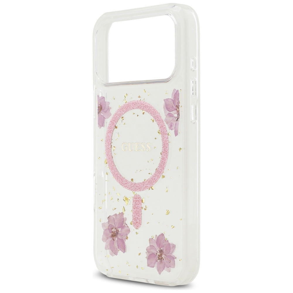 Coque MagSafe pour Apple iPhone 17 Pro, Guess, Fleurs en Résine et Paillettes, Rose
