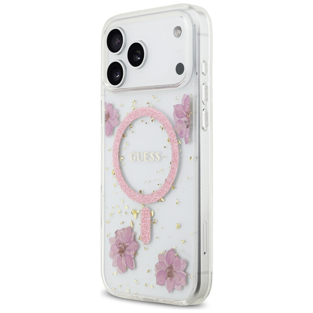 Coque MagSafe pour Apple iPhone 17 Pro, Guess, Fleurs en Résine et Paillettes, Rose
