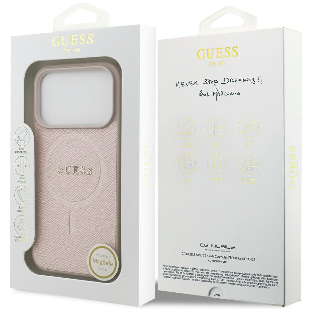 MagSafe hoesje voor Apple iPhone 17 Pro, Guess, Saffiano Classic Logo, Roze