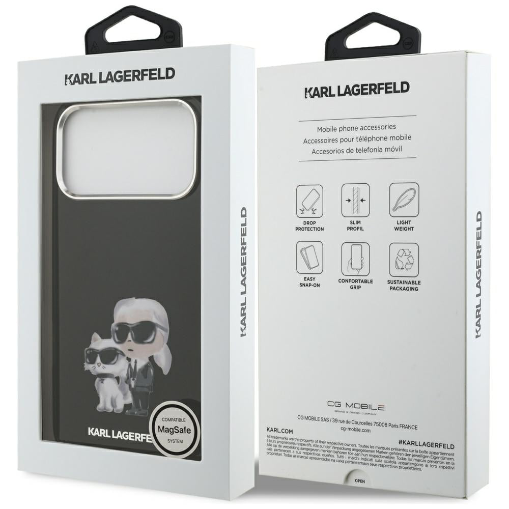 MagSafe Hülle für Apple iPhone 17 Pro, Karl Lagerfeld, IML Aquarelle Logo Karl & Choupette, Schwarz.