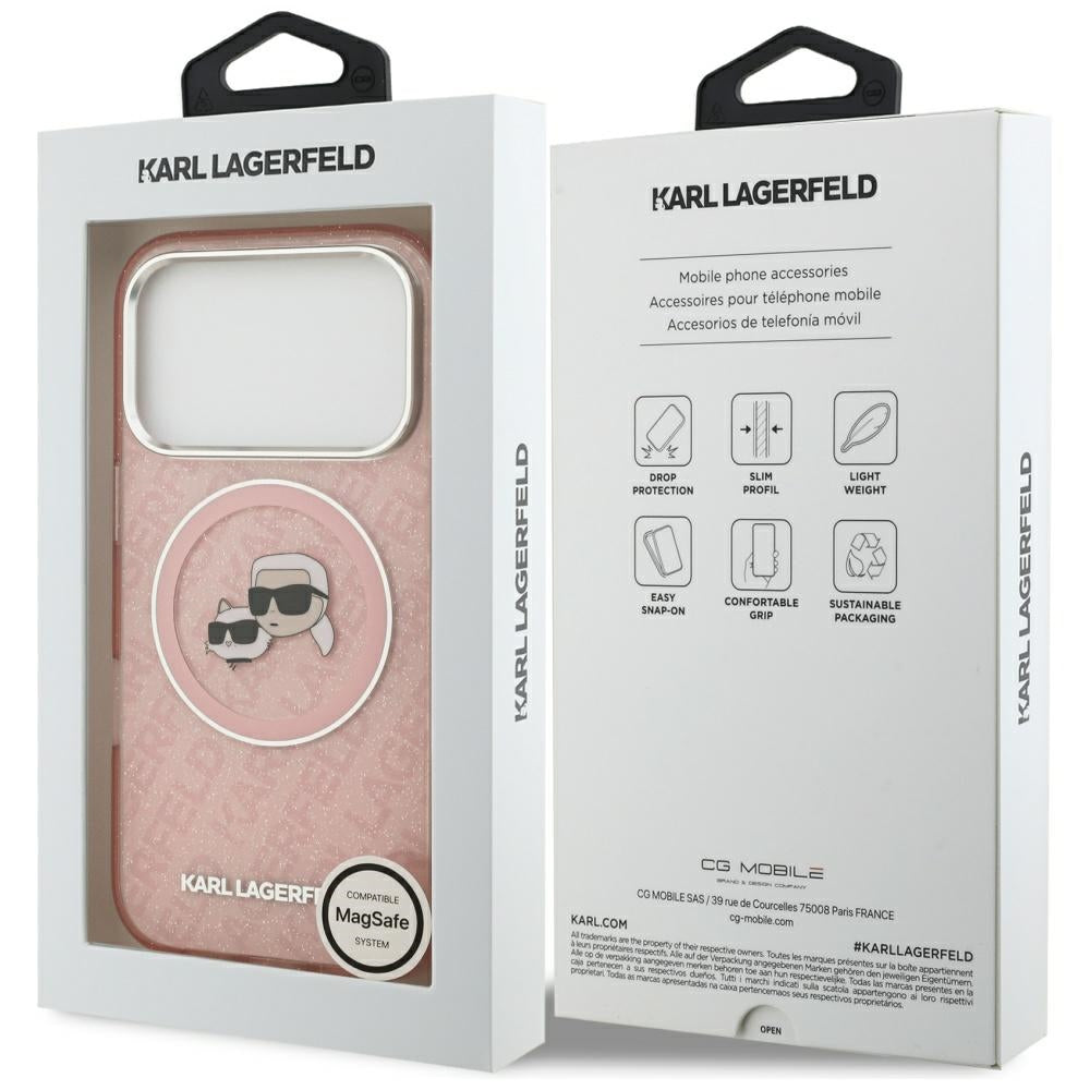 MagSafe Case for Apple iPhone 17 Pro, Karl Lagerfeld, IML Glitter Karl & Choupette's Heads, Pink