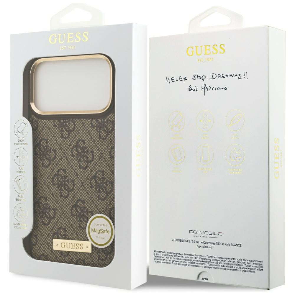 MagSafe hoesje voor Apple iPhone 17 Pro Max, Guess, 4G Logo Plate, Bruin
