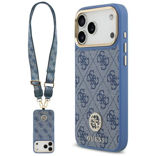 MagSafe hoesje voor Apple iPhone 17 Pro Max, Guess, 4G Strass Logo met Grote Band, Blauw