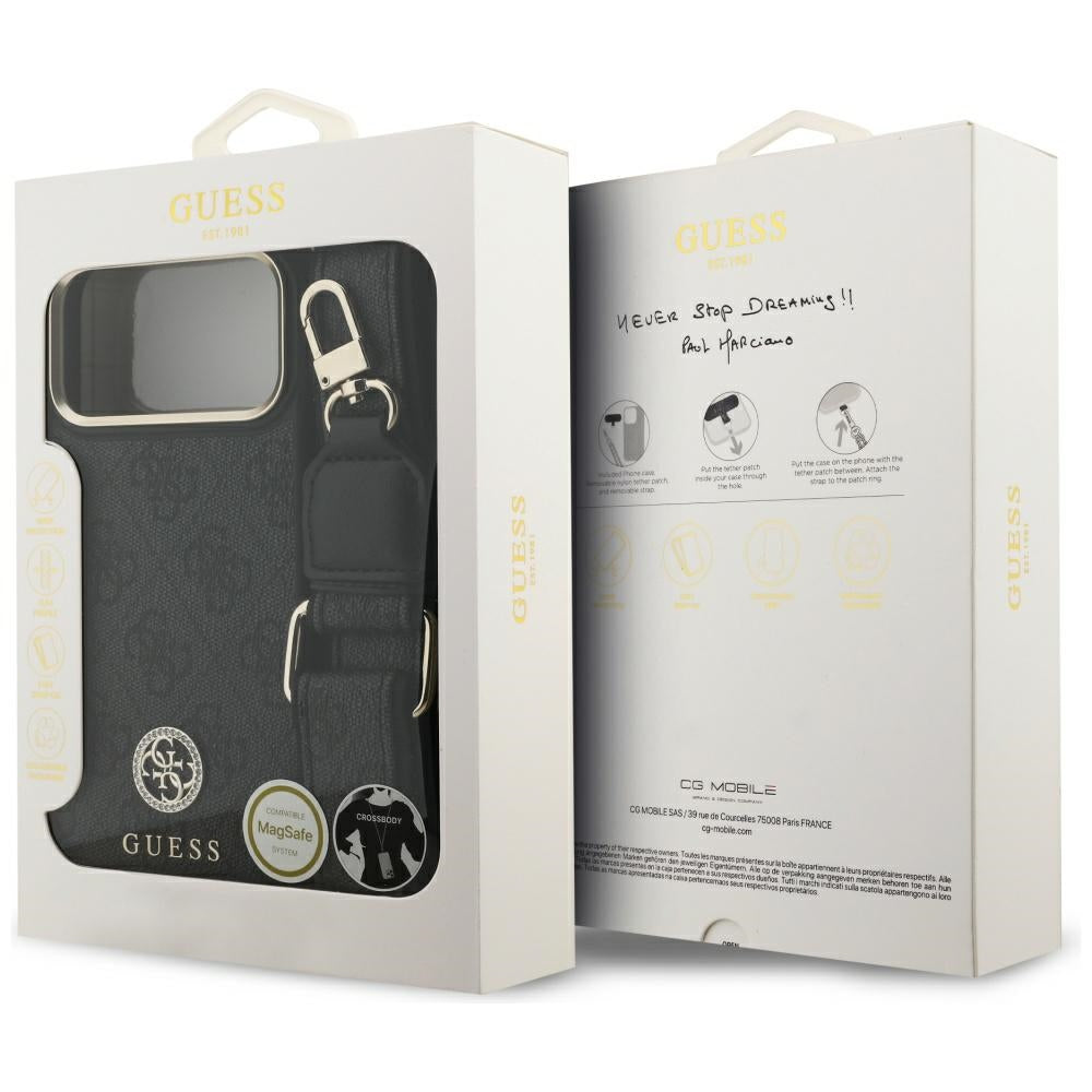 MagSafe hoesje voor Apple iPhone 17 Pro Max, Guess, 4G Strass Logo met grote band, Zwart