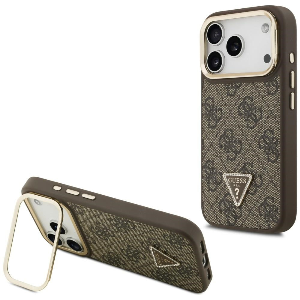 Étui MagSafe pour Apple iPhone 17 Pro Max, Guess, logo triangle 4G avec support pour appareil photo, Marron Doré.