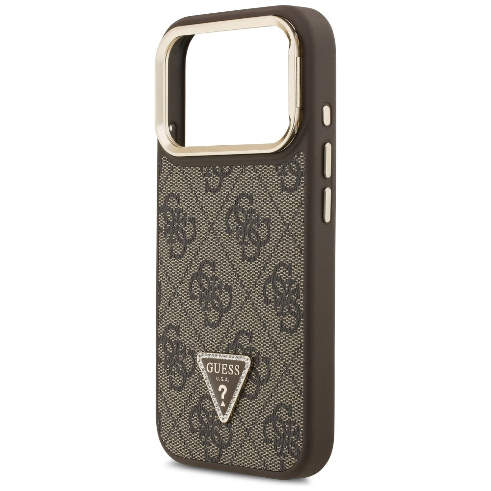 Étui MagSafe pour Apple iPhone 17 Pro Max, Guess, logo triangle 4G avec support pour appareil photo, Marron Doré.