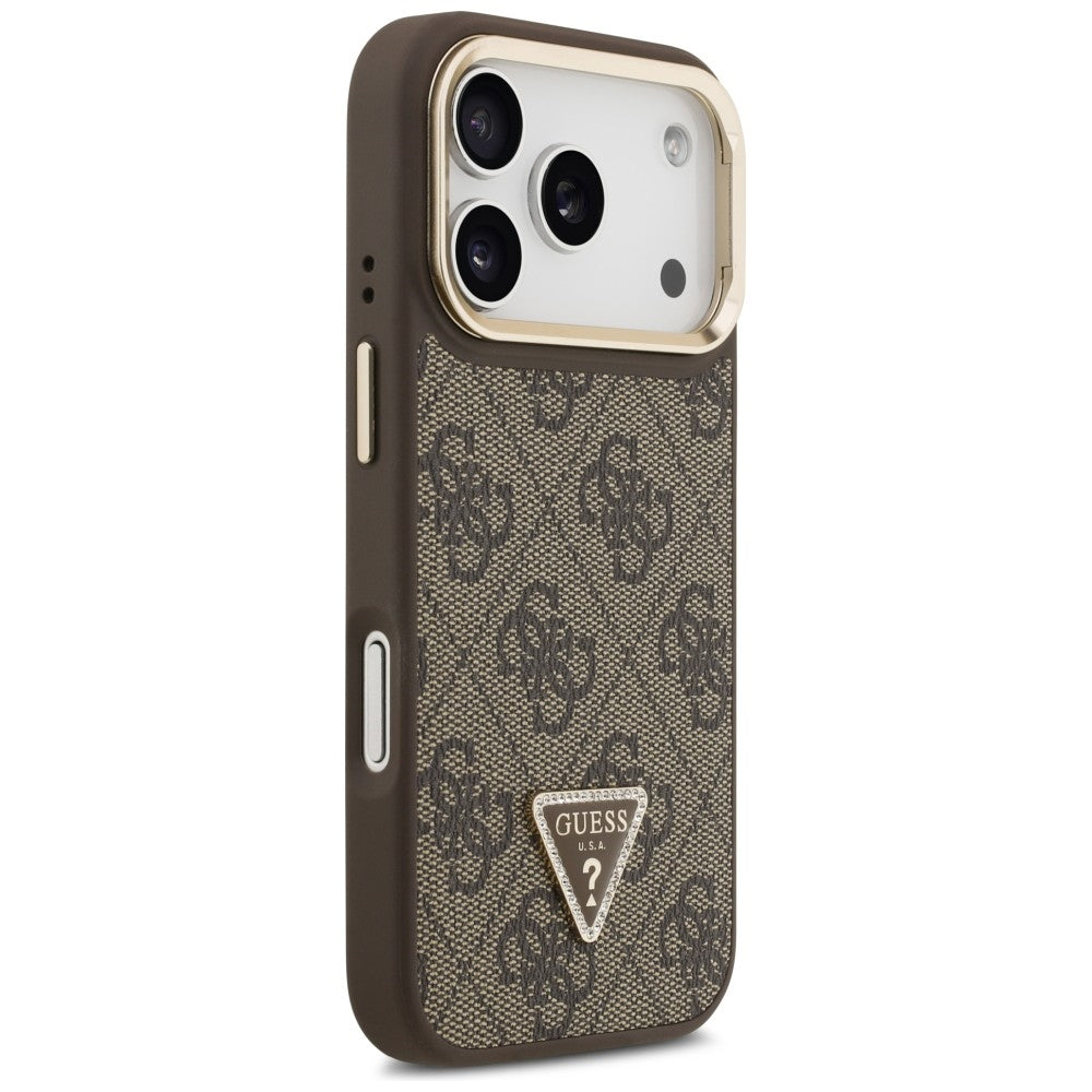 Étui MagSafe pour Apple iPhone 17 Pro Max, Guess, logo triangle 4G avec support pour appareil photo, Marron Doré.