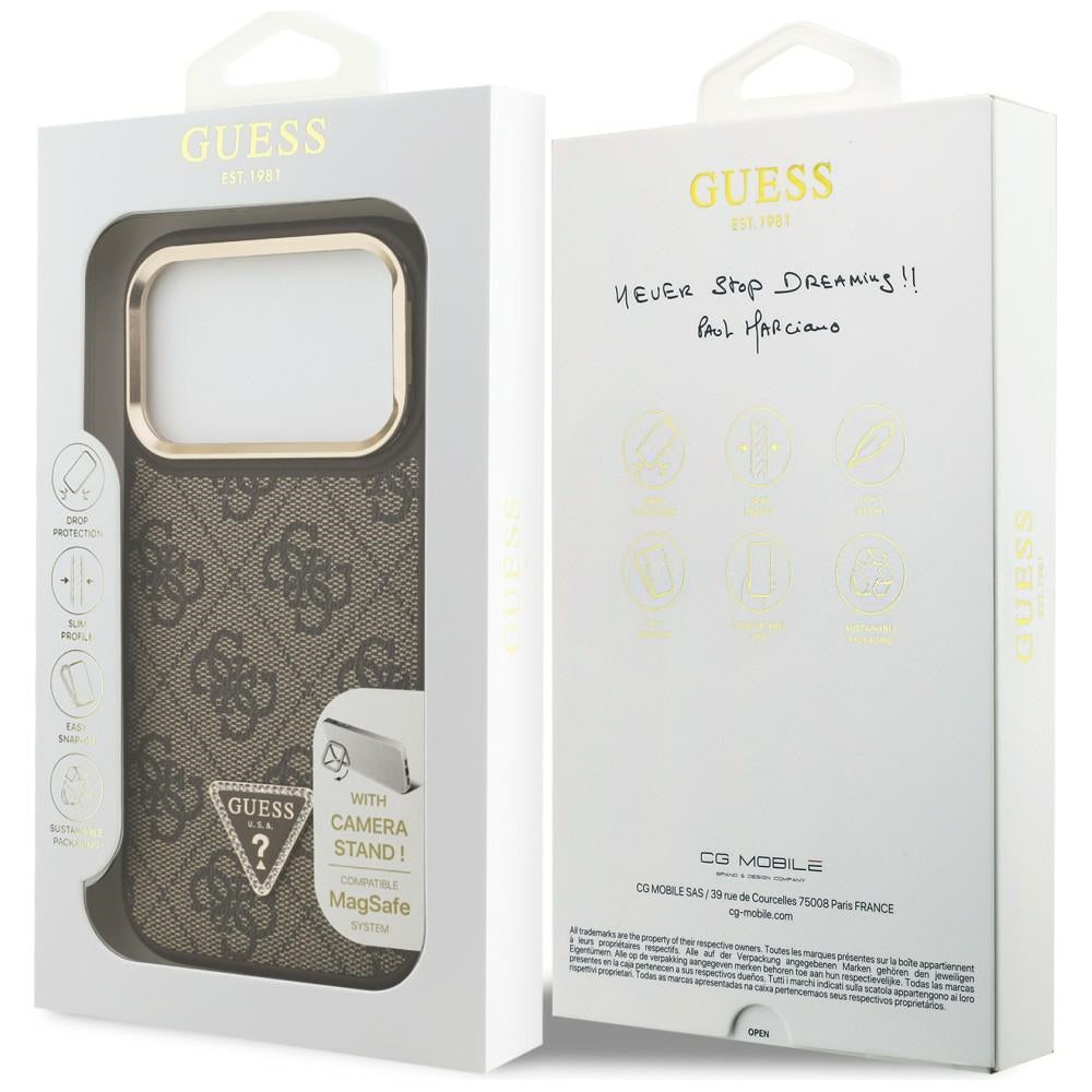 Étui MagSafe pour Apple iPhone 17 Pro Max, Guess, logo triangle 4G avec support pour appareil photo, Marron Doré.