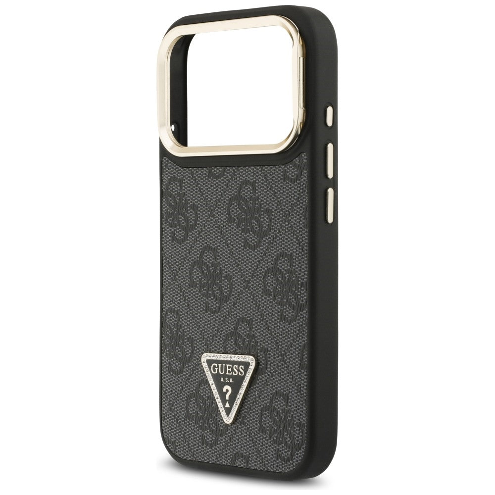 Étui MagSafe pour Apple iPhone 17 Pro Max, Guess, logo triangle 4G avec support pour appareil photo, Noir Doré.