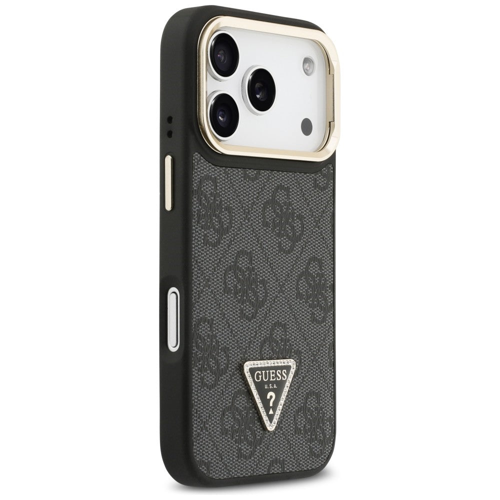 Étui MagSafe pour Apple iPhone 17 Pro Max, Guess, logo triangle 4G avec support pour appareil photo, Noir Doré.