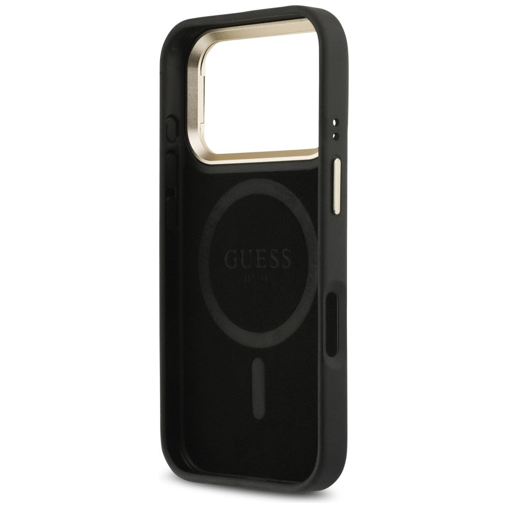 Étui MagSafe pour Apple iPhone 17 Pro Max, Guess, logo triangle 4G avec support pour appareil photo, Noir Doré.