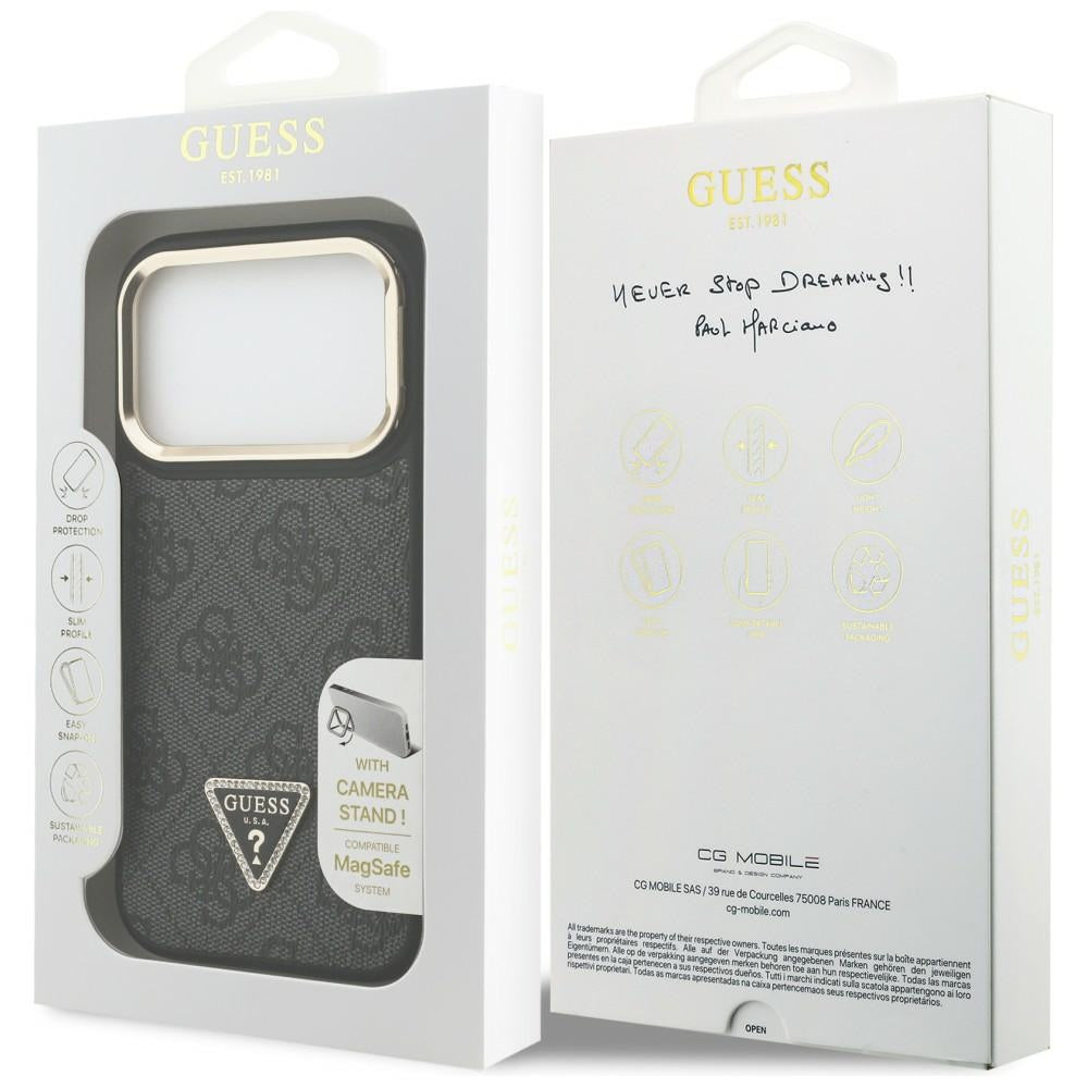 Étui MagSafe pour Apple iPhone 17 Pro Max, Guess, logo triangle 4G avec support pour appareil photo, Noir Doré.