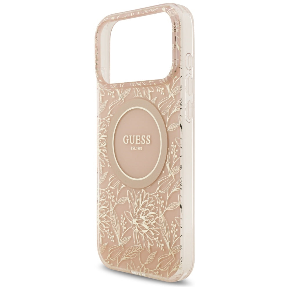 MagSafe Hülle für Apple iPhone 17 Pro Max, Guess, IML Flowers Allover Electroplated with Pearl Strap, Rosa