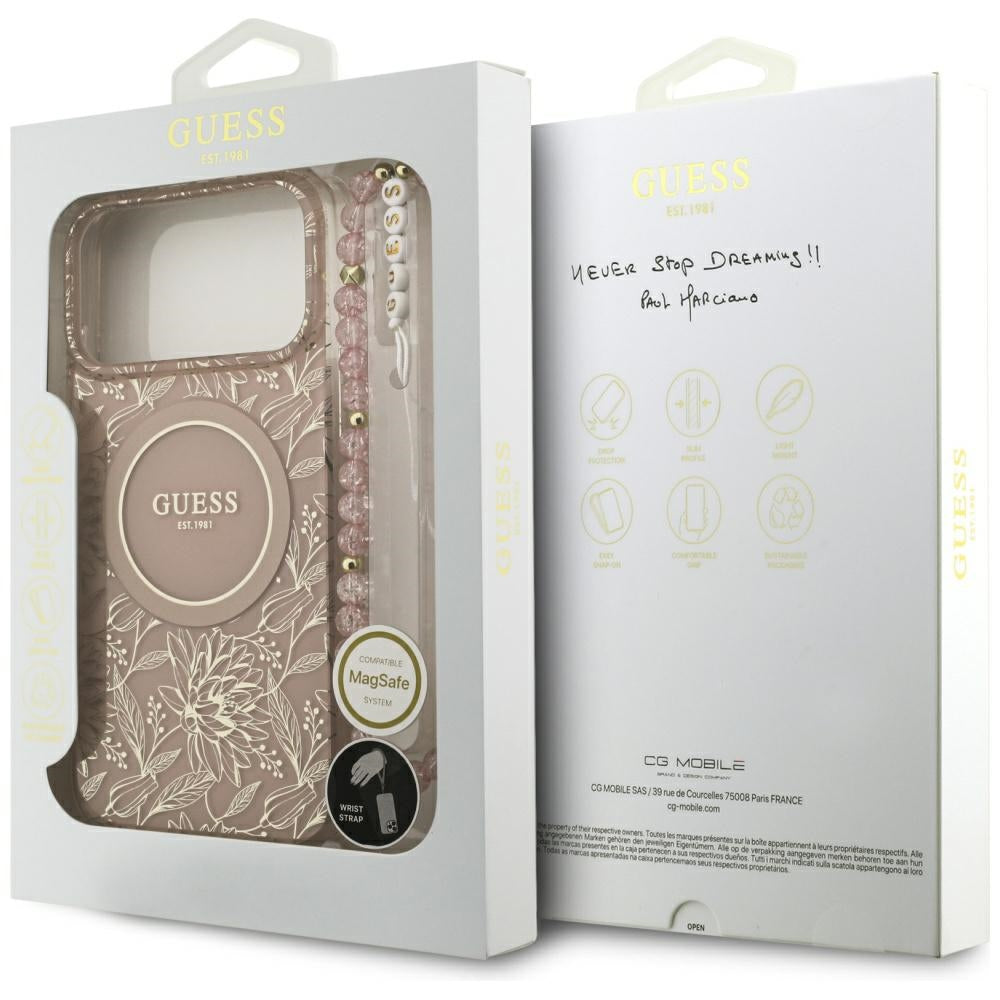 MagSafe Hülle für Apple iPhone 17 Pro Max, Guess, IML Flowers Allover Electroplated with Pearl Strap, Rosa