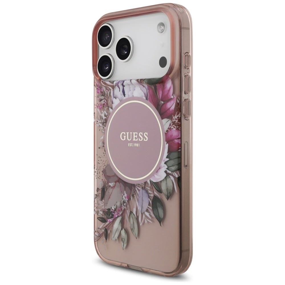 MagSafe hoesje voor Apple iPhone 17 Pro Max, Guess, IML Flowers with Pearl Strap, Roze