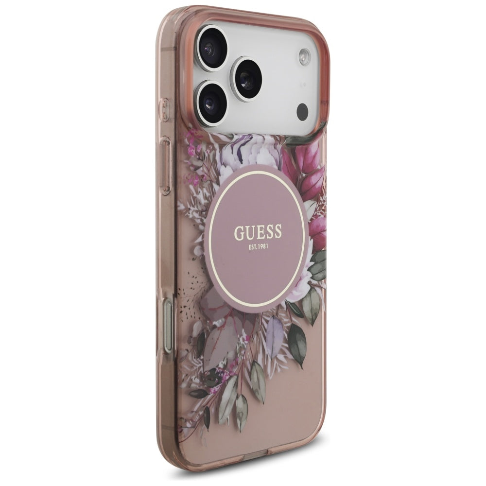 MagSafe hoesje voor Apple iPhone 17 Pro Max, Guess, IML Flowers with Pearl Strap, Roze