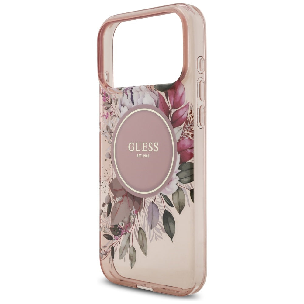 MagSafe hoesje voor Apple iPhone 17 Pro Max, Guess, IML Flowers with Pearl Strap, Roze