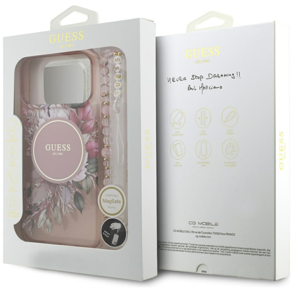 MagSafe hoesje voor Apple iPhone 17 Pro Max, Guess, IML Flowers with Pearl Strap, Roze