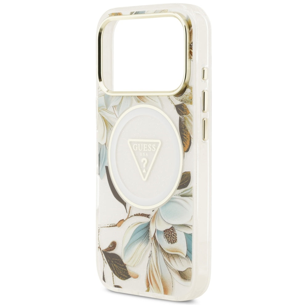 MagSafe Hülle für Apple iPhone 17 Pro Max, Guess, IML Metal Glitter Flowers Triangle, Weiß